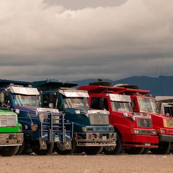 A lineup of vibrant trucks parked outdoors beneath cloudy skies, showcasing diversity in vehicle colors.